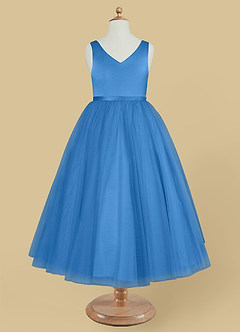 Azazie Marybell Flower Girl Dresses Blue Jay A-Line Bow Tulle Dress image5