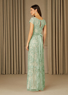 Azazie Dorit Mother of the Bride Dresses Dusty Sage Champagne Sheath Scoop Lace Dress image4