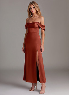 Azazie Saige Bridesmaid Dresses Terracotta Mermaid Off the Shoulder Stretch Satin Dress image4