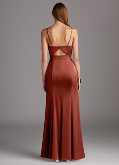 Azazie Shania Bridesmaid Dresses Terracotta Sheath V-Neck Pleated Stretch Satin Dress image2