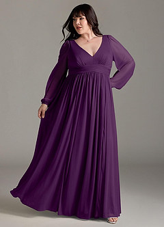 Azazie Norah Bridesmaid Dresses Grape A-Line V-Neck Long Sleeve Chiffon Dress image8