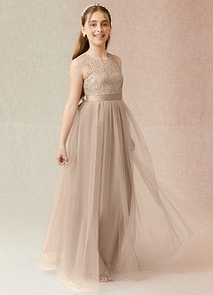 Azazie Georgette Junior Taupe A-Line Lace Tulle Dress image4