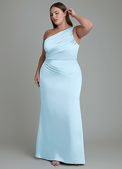 Azazie Akilah At-home Try On Dresses Sky Blue Mermaid One Shoulder Stretch Satin Dress image10