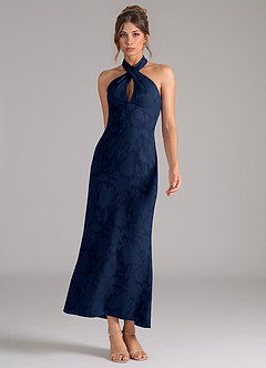 Azazie Marlissa Robes de demoiselle d'honneur Robe Fourreau en Blumen-Burnout Plissée Bleu Marine Foncé image3