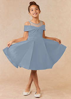 Azazie Shirin Flower Girl Dresses Dusty Blue A-Line Off the Shoulder Matte Satin Dress image1