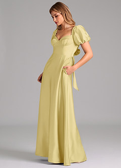 Azazie Fatima Robes de demoiselle d'honneur Robe Trapèze en Satin extensible Plissée Sorbet Citron image5