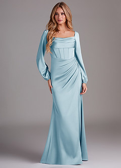 Azazie Charissa Robes de demoiselle d'honneur Robe Fourreau en Satin extensible Manche longue Bleu Ciel image3