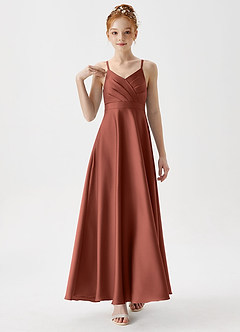 Azazie Avelina Junior Auburn A-Line Pleated Stretch Satin Dress image4