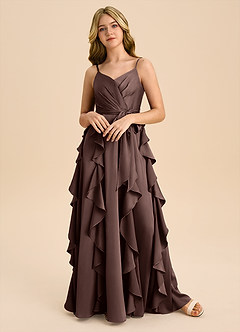 Azazie Peyton Junior Ganache A-Line Pleated Stretch Satin Dress image4