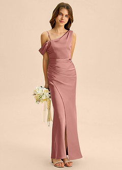 Azazie Madelyn Junior Osłona Zza ramienia Satyna elastyczna Długość podłogi Młodsza druhna Sukienka image4