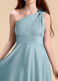 Azazie Charlize Junior Robe Trapèze en Satin extensible Plissée Bleu Maussade image7