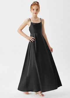 Azazie Shale Junior Robe Trapèze en Satin extensible Noir image4