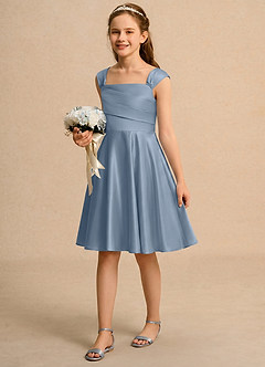 Azazie Budle Girls Formal Flower Girl Dresses Dusty Blue A-Line Pleated Matte Satin Dress image5
