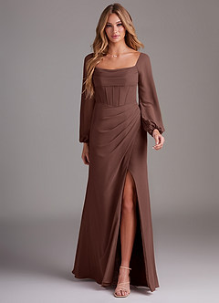Azazie Charissa Bridesmaid Dresses Espresso Sheath Long Sleeve Chiffon Dress image3