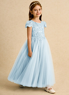 Azazie Puff Blumenmädchenkleider Ballkleid Spitze Tüll Kleid Himmelblau image3