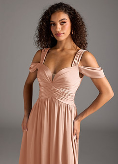 Azazie Lianne Bridesmaid Dresses Rose Gold A-Line Off the Shoulder Stretch Satin Dress image3