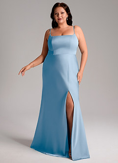 Azazie Lidia Bridesmaid Dresses Powder Blue Mermaid Side Slit Stretch Satin Dress image3