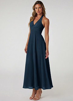 Azazie Tessie Robes de demoiselle d'honneur Robe Trapèze en Mousseline de soie Plissé Bleu Marine Foncé image3