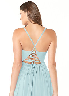 Azazie Aaida At-home Try On Dresses Dusty Blue A-Line Corset Chiffon Dress image3