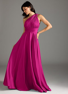 Azazie Charlize Bridesmaid Dresses Fuchsia A-Line One Shoulder Stretch Satin Dress image5