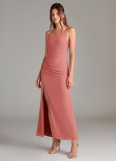 Azazie Eren 신부 들러리 드레스 인어 한쪽 어깨 쉬폰 발목 길이 드레스 image1