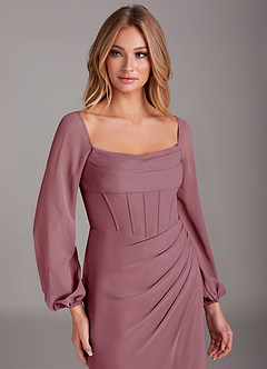 Azazie Charissa Bridesmaid Dresses Vintage Mauve Sheath Long Sleeve Chiffon Dress image7