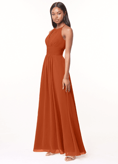Azazie Bonnie Robes de demoiselle d'honneur Robe Trapèze en Mousseline de soie Trou de serrure froncé Orange Brûlée image3