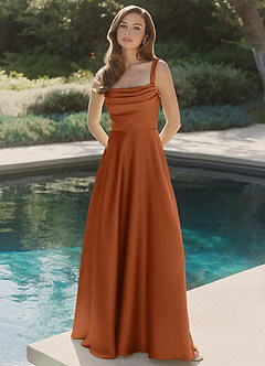 Azazie Shaude Bridesmaid Dresses Copper A-Line Pleated Stretch Satin Dress image4