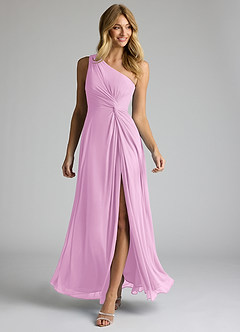 Azazie Brooke Bridesmaid Dresses Candy Pink A-Line One Shoulder Mesh Dress image2