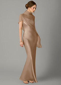 Azazie Jaleesa Bridesmaid Dresses Taupe A-Line High Neck Stretch Satin Dress image3
