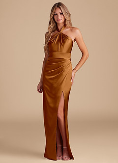 Azazie Zaya Bridesmaid Dresses Copper Sheath Pleated Metallic Satin Dress image1