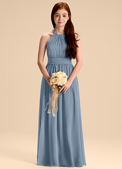 Azazie Malone Junior A라인 주름진 쉬폰 플로어 길이 주니어 신부 들러리 드레스 image3