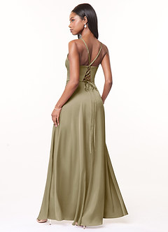 Azazie Maksim Robes de demoiselle d'honneur Robe Trapèze en Satin extensible Col en V Vert Mousse image2