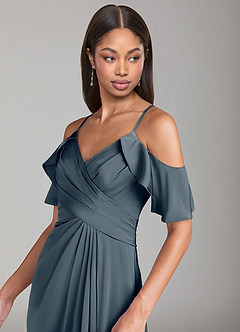 Azazie Dakota Bridesmaid Dresses Twilight A-Line Off the Shoulder Stretch Satin Dress image5