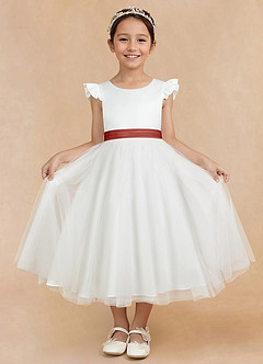 Azazie Hemi Flower Girl Dresses Ivory Terracotta A-Line Bow Tulle Dress image3
