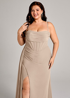 Azazie Amyra Bridesmaid Dresses Taupe Sheath Off the Shoulder Chiffon Convertible Dress image10