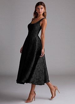 Azazie Amalie Vestidos de damas de honor Vestido de Negro de Devorado Floral de Corte en A con Plisado image4
