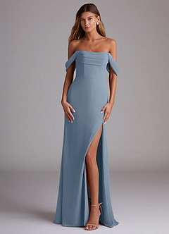 Azazie Saige Bridesmaid Dresses Dusty Blue A-Line Off the Shoulder Chiffon Convertible Dress image1