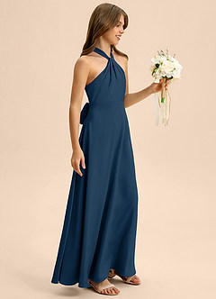 Azazie Beah Junior Robe Trapèze en Satin extensible Plissée Bleu Marine Foncé image6