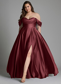 Azazie Loisa Robes de demoiselle d'honneur Robe Trapèze en Satin extensible Épaules dénudées Merlot image11