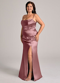 Azazie Saige Bridesmaid Dresses Vintage Mauve Sheath Off the Shoulder Metallic Satin Convertible Dress image13