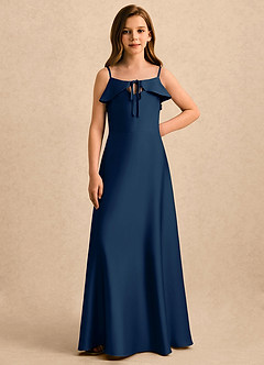 Azazie Kapri Girls Formal Robe Demoiselle D'honneur Fillette Robe Trapèze en Satin extensible Rayé Bleu Marine Foncé image4