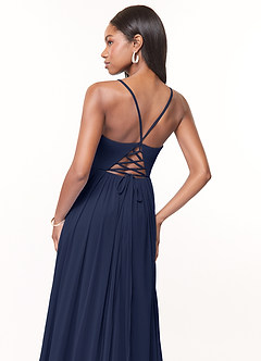 Azazie Marsol Bridesmaid Dresses Dark Navy A-Line Corset Mesh Dress image4