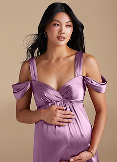 Azazie Rhea Maternity Bridesmaid Dresses A-Line Pleated Metallic Satin Floor-Length Dress image3