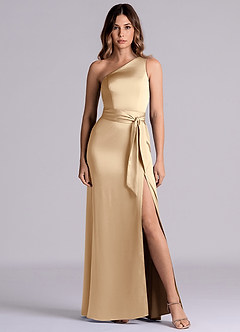 Azazie Phaedra Bridesmaid Dresses Champagne A-Line One Shoulder Stretch Satin Dress image2