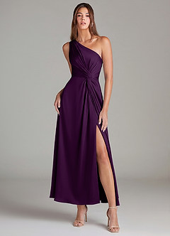 Azazie Brooke Robes de demoiselle d'honneur Robe Trapèze en Satin extensible Une épaule Grain De Raisin image1