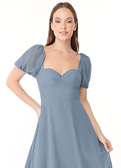 Azazie Baby Vestidos de damas de honor Vestido de Dusty Blue de Gasa de Corte en A con Corazón fruncido image5