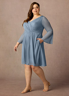 Azazie Teraso Mother of the Bride Dresses Dusty Blue A-Line Pleated Mesh Dress image3