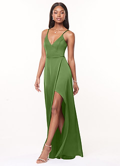 Azazie Maksim Bridesmaid Dresses Basil A-Line V-Neck Stretch Satin Dress image4