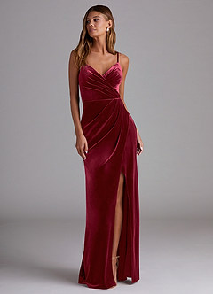 Azazie Maci Bridesmaid Dresses Burgundy Sheath Pleated Velvet Dress image4